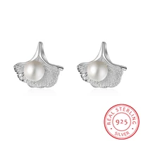 925 sterling silver elegance ginkgo biloba leaf stud earrings with real pearl for women girls sterling silver fine jewelry