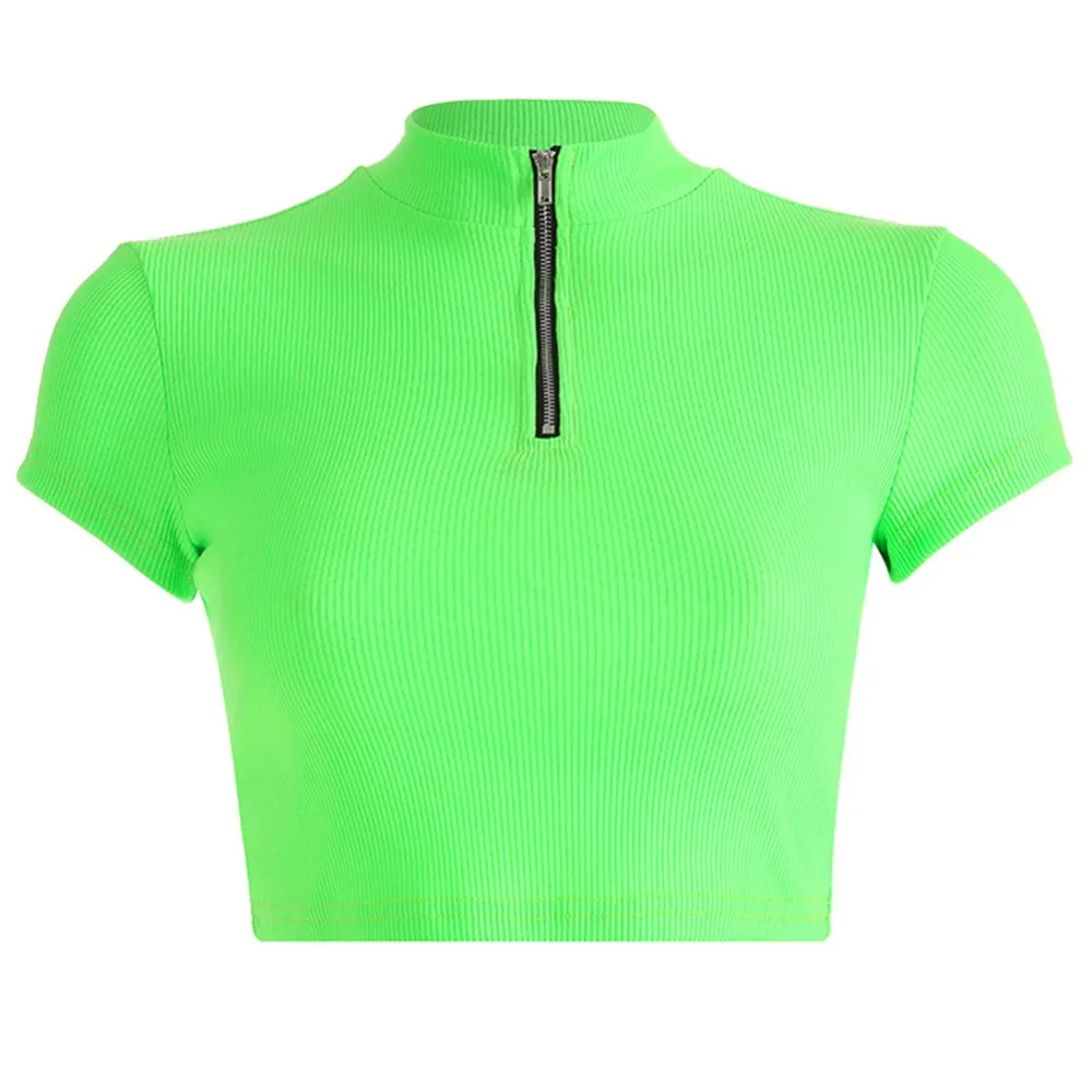 Горячая сетка Прозрачный кроп Топ неоновый зеленый Футболка для женщин с