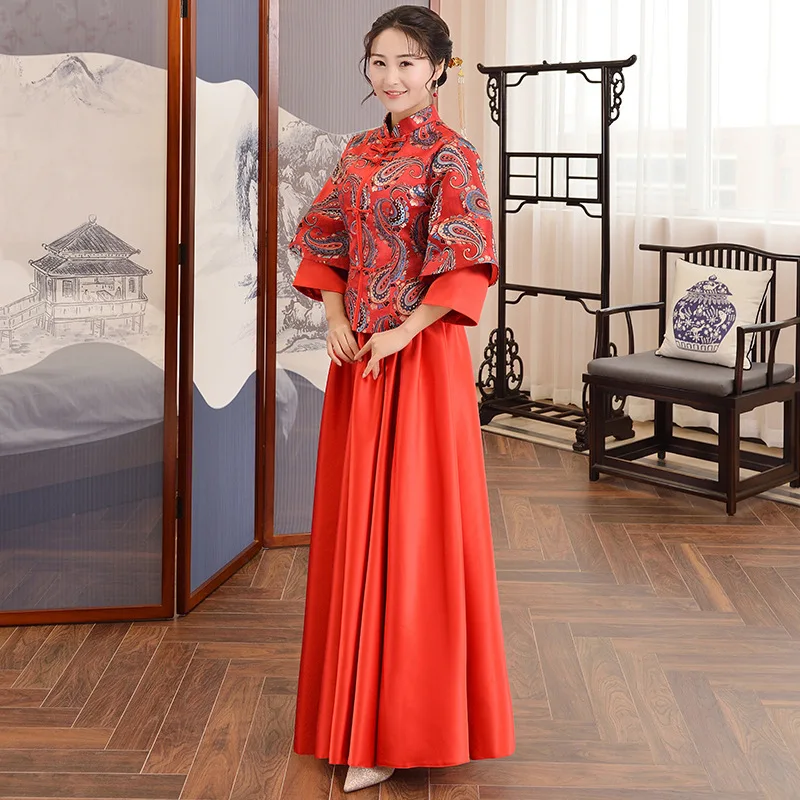 Восточные длинные платья подружки невесты Cheongsam красное китайское свадебное платье Ципао Современная Невеста женится винтажное платье Qi Pao Женская Роба в восточном стиле - Цвет: red