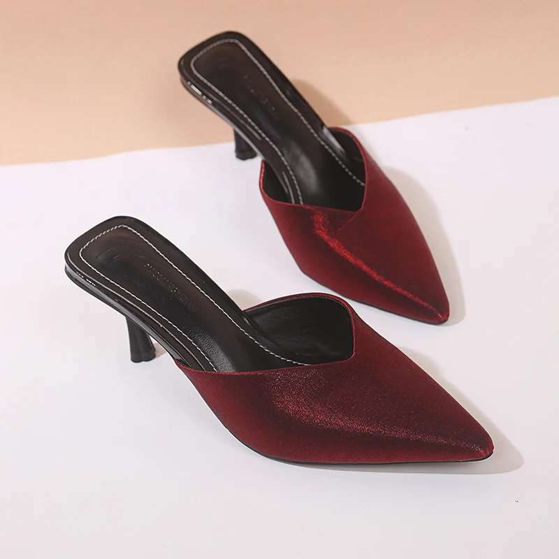 Мюли женские на тонком высоком каблуке однотонные заостренный носок летняя