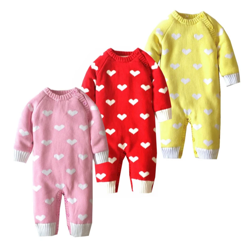 Детский вязаный свитер Комбинезон с сердечками для детей от 0 до 18 месяцев