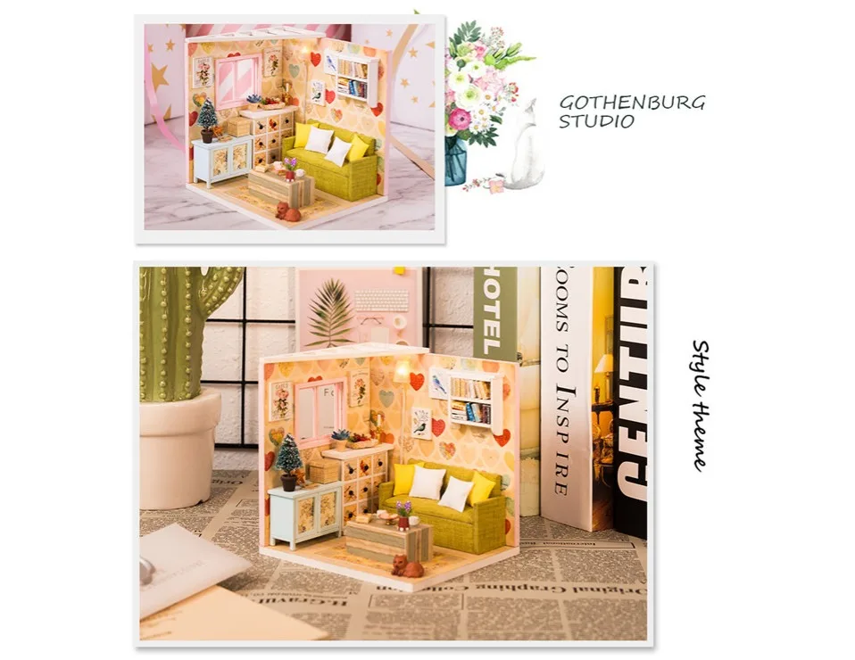 miniature house with light kast cat doll accessories diy mini wooden dollhouse tiny child doll house toy oyuncak bebek evi