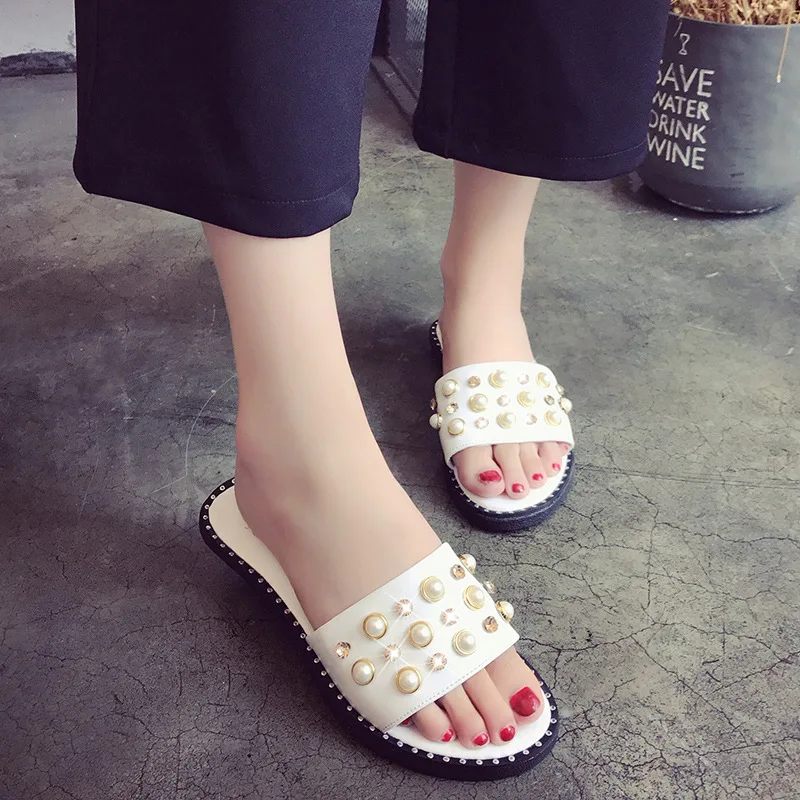 Шлепанцы без шнуровки с кристаллами и жемчугом 3 цвета пляжные шлепанцы открытым