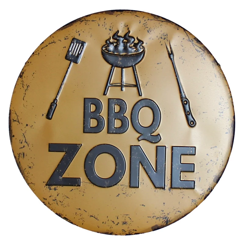 

30CM BBQ Zone Retro Plaque Metal Tin Signs Cafe Bar Pub Signboard Store Wall Decor Vintage Nostalgia Round Plates Wall Posters