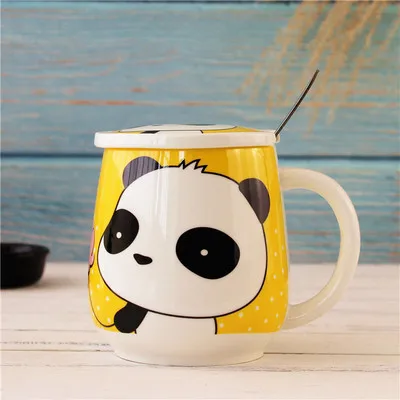 4 цвета Kawaii мультфильм панда кружки с ложкой керамическая чашка с крышкой бутылки для воды кружка для кофе, молока чай чашки любовник подарки на день рождения - Цвет: A