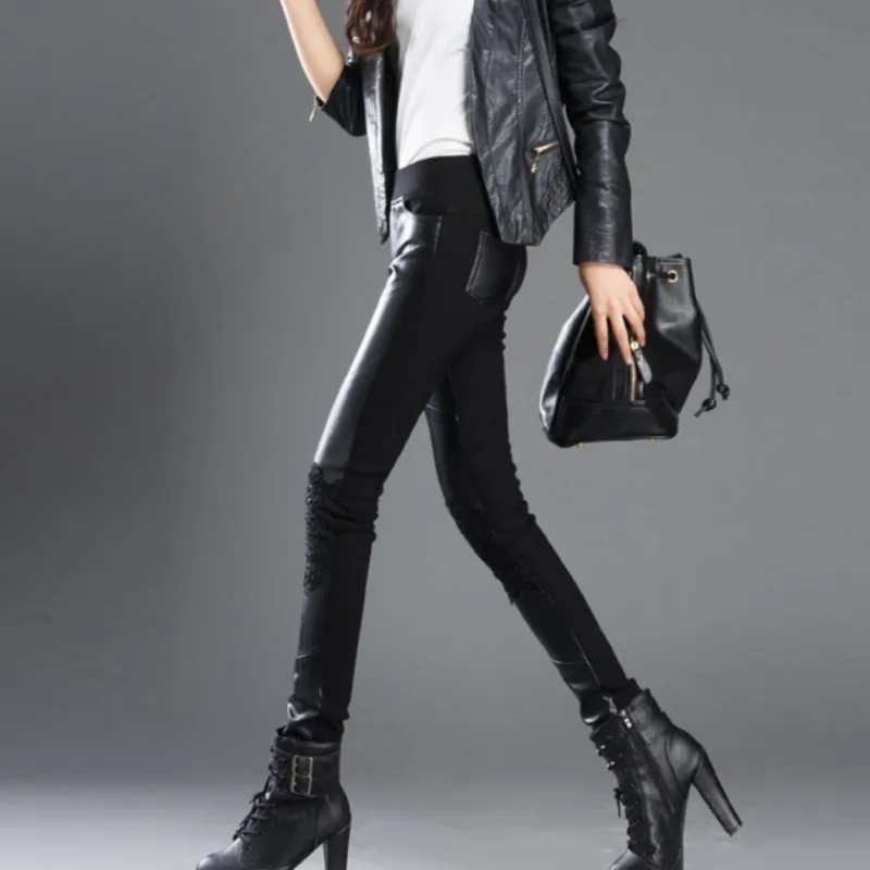 Женские облегающие брюки из искусственной кожи с флисовой подкладкой черного