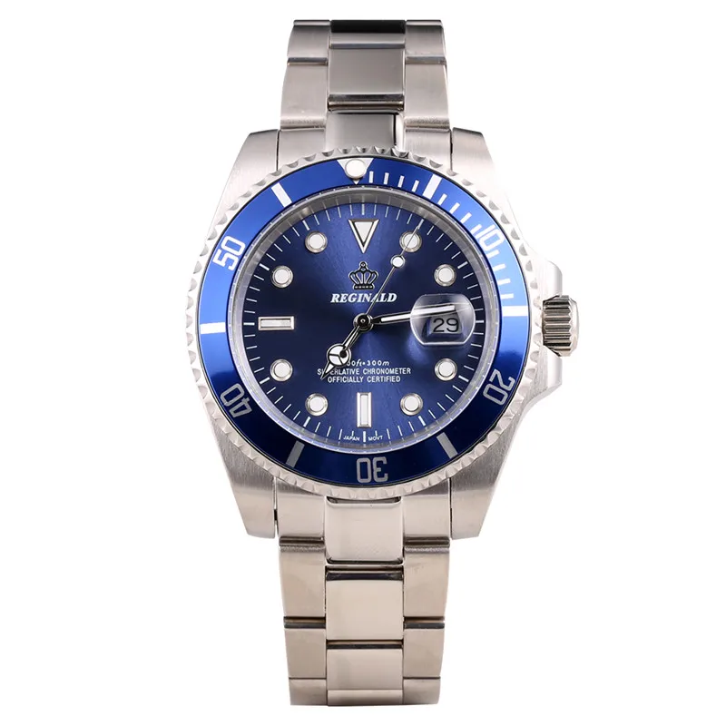 blue no box Реджинальд часы для мужчин вращающийся ободок GMT сапфировое стекло 50 м воды полный сталь Спорт Мода синий циферблат Кварцевые часы Reloj Hombre - Цвет: blue no box
