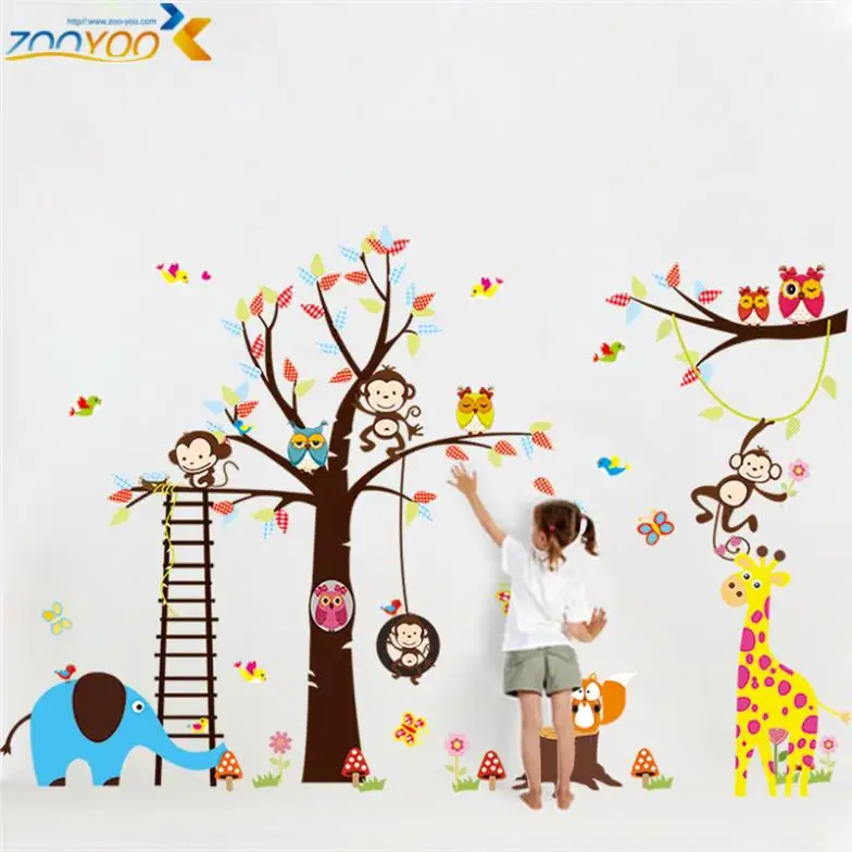 Large size wall stickers for kids room decoration monkey owl zoo cartoon decals wall art diy kids sticker zooyoo1213