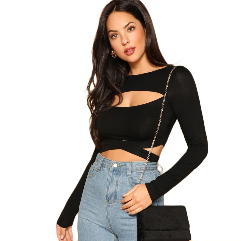 SHEIN Облегающий Укороченный Топ С Длинными Рукавами И Вырезом Сексуальный Кроп Топ На Запах