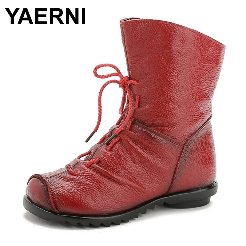 YAERNI/2017 Женская модная Винтажная обувь из натуральной кожи Женские зимние ботинки