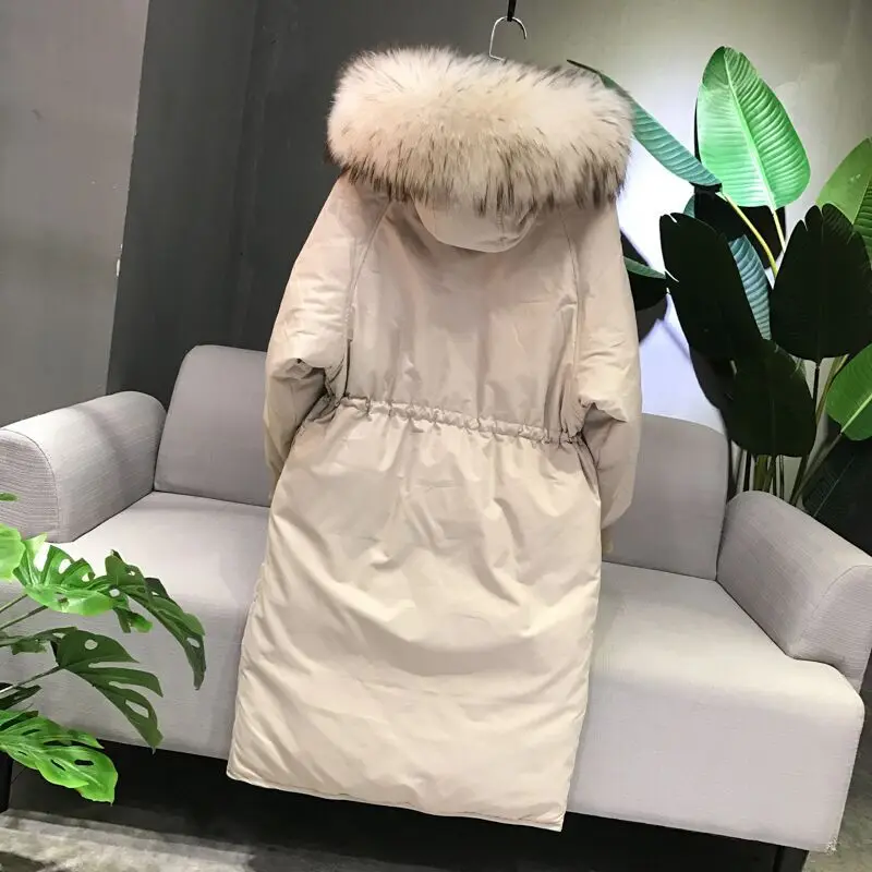 Женское пуховое пальто с большим капюшоном из меха енота, женская зимняя длинная куртка, пуховые парки, одежда больших размеров