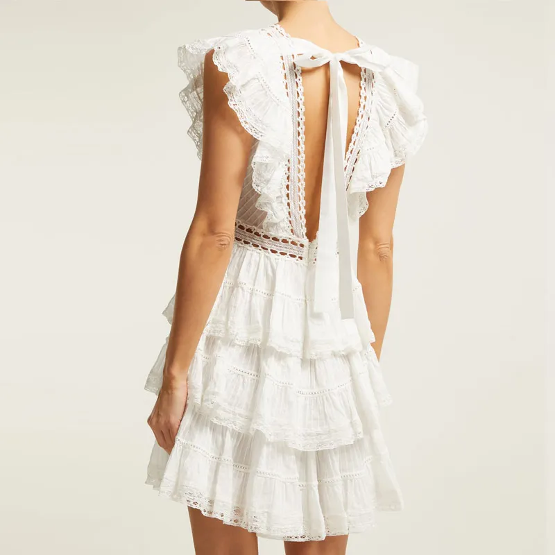 BLLOCUE 2019 High-end Luxury Runway Self Portrait Dresses Women Summer Sexy Backless Hollow Out Lace Sleeveless Ruffles Dress | Женская