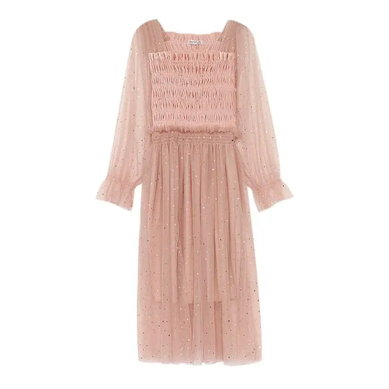 

Elegant Ruched Mesh Stitching Chiffon Dress Female Petal Sleeve Sequin Dresses 2020 Fashion Summer Chic A-Line Vestidos D80