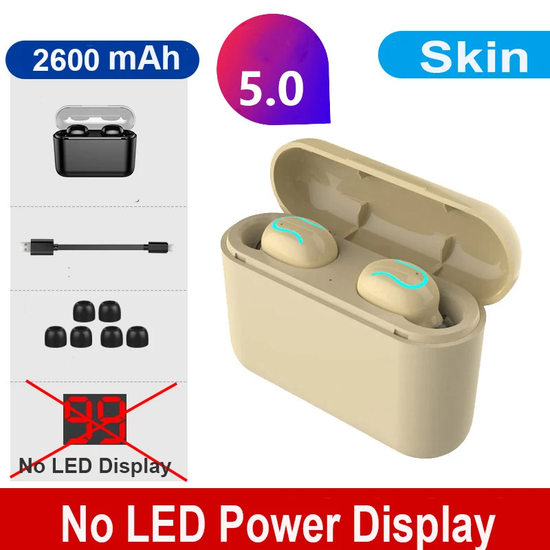Tws V5.0 Bluetooth наушники, стерео бас, настоящие беспроводные наушники, Спортивные Bluetooth наушники, Мини наушники с 2600 мАч, Дополнительный внешний аккумулятор - Цвет: Skin No Display