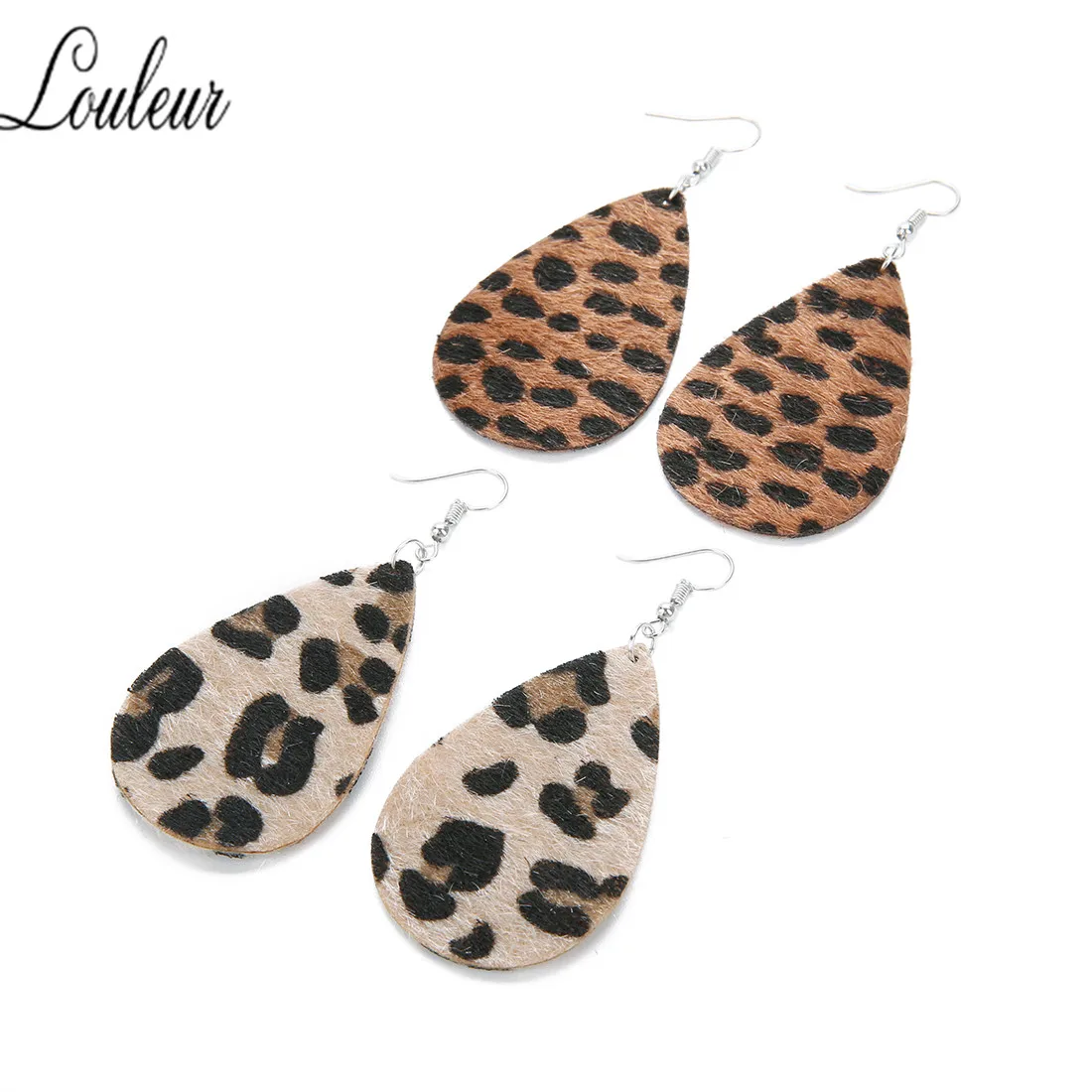 Женские кожаные серьги классические леопардовые в форме капли воды массивные