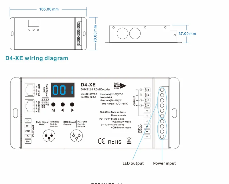 D4-XE 4CH ШИМ Постоянное Напряжение CV DMX512 RDM светодиодный декодер контроллер с цифровым дисплеем XLR3 RJ45 DC12V 24 в 36 В вход 8A* 4CH