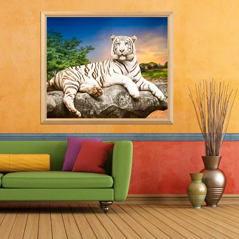 OUYIJIA White Tiger Lying On The Stone 5D DIY Diamond Painting Full Square Embroidery Rhinestones Mosaic | Дом и сад