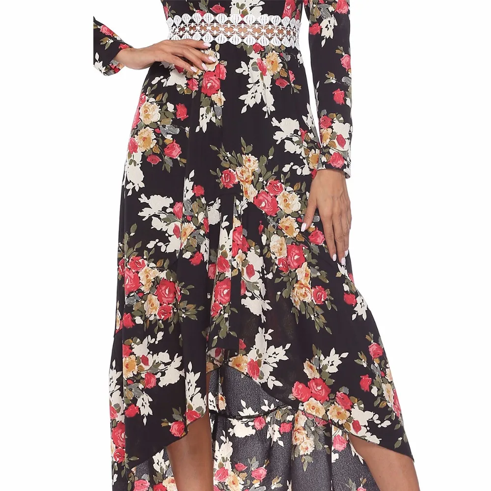 Floral Print Long Women Dress V-Neck Full Sleeve Spring Sexy Hollow Out Waist Personality Western Style Gilr Clothes |
