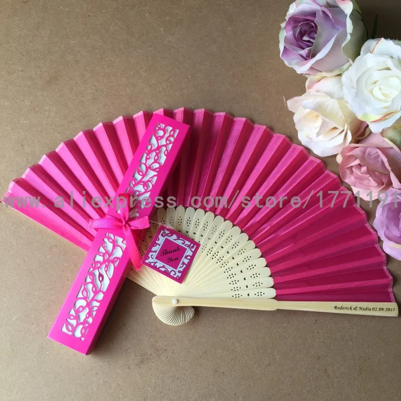 Hot pink 100 компл./лот печать на заказ имя и Дата Роскошный шелковый ручной вентилятор в элегантной лазерной огранке подарочной коробке как свадебный подарок - Цвет: Hot pink