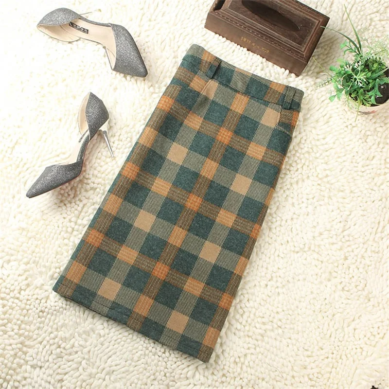 

Women High Waist Plaid Skirts Female Autumn Winter Slim Hip Woolen Skirts Fashion Vintage Work OL Skirt Pencil Skirt