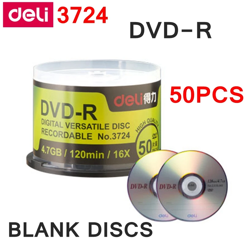 

50 шт./лот Deli DVD-R пустые диски записываемые цифровые универсальные диски 4,7 ГБ/120 мин/16x диски полный комплект