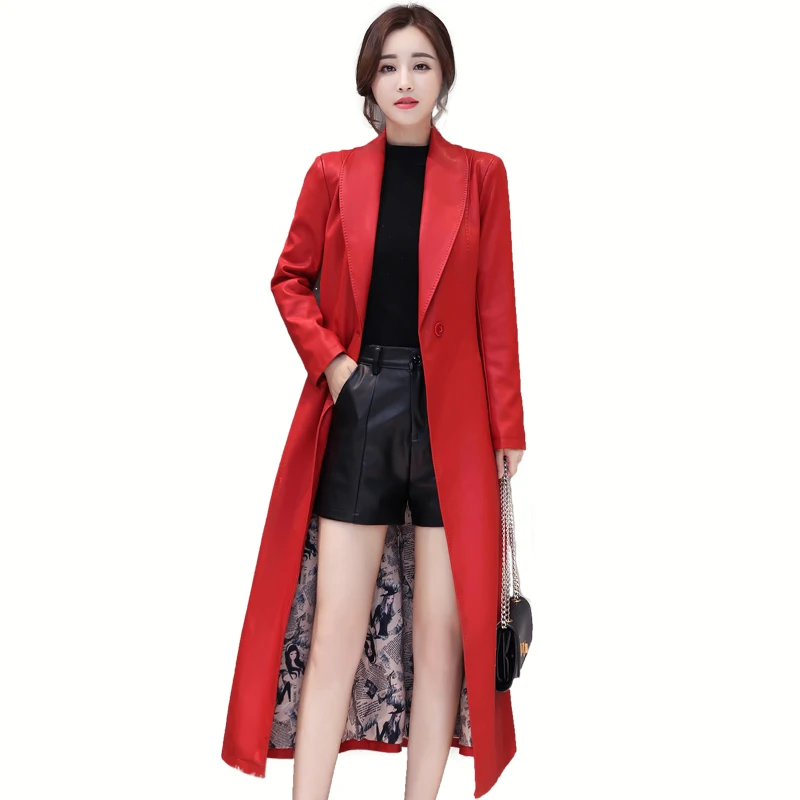 Free shipping real pic elegant red black soft matte leather X long style women lady Leather Jacket Long Genuine leatherTrench