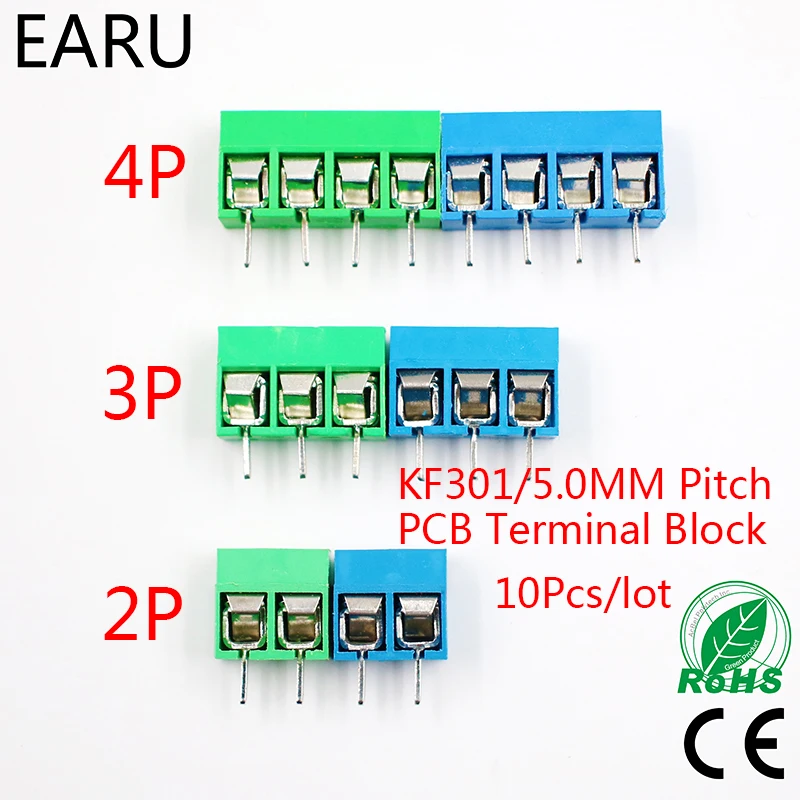 

10Pcs/lot KF301-5.0-2P KF301-3P KF301-4P Pitch 5.0mm Straight Pin 2P 3P 4P Screw PCB Terminal Block Connector Blue Green