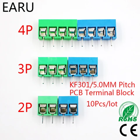 Клеммная колодка, 10 шт./лот, винтовой соединитель для печатной платы с шагом KF301-5.0-2P, KF301-3P, KF301-4P, 5,0 мм, 2P, 3P, 4P, сине-зеленый