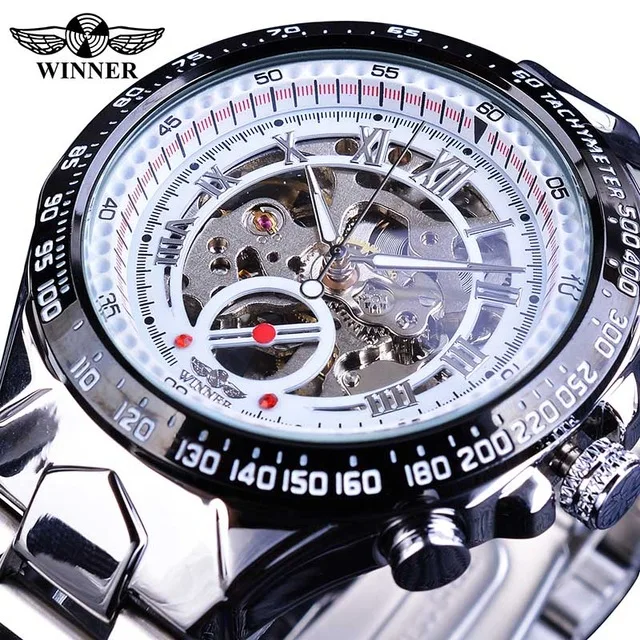Top Brand Luxury Automatic Wristwatch Winner Classic Series Golden Movement Inside Silver Stainless Steel Mens Skeleton Watch