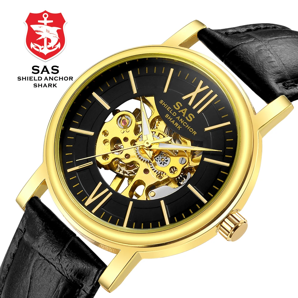 

SAS Sport Watch Men Vintage Black Case Leather Band Shield Anchor Shark Hollow Mechanical Watches Gift for Men Relojes Masculino