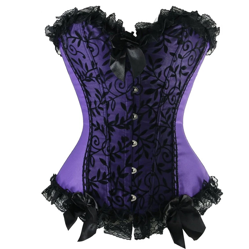 Женский корсет с цветочным принтом фиолетовой кружевной отделкой атласный