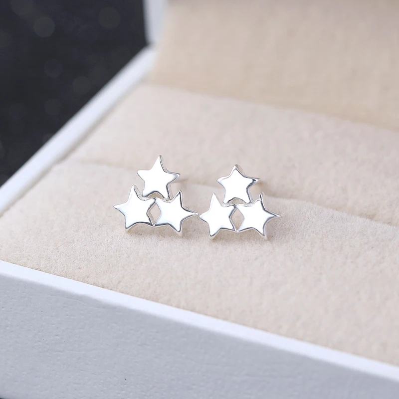 Женские серьги-гвоздики из серебра 925 пробы с тремя звездами | Украшения и