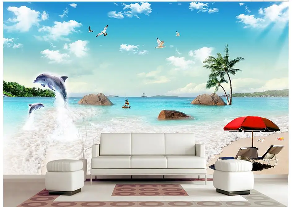 

3d обои на заказ, 3d настенные фрески, обои, море, кокосовые деревья, дельфины и голубое небо, белые облака, пейзаж, картины на стену