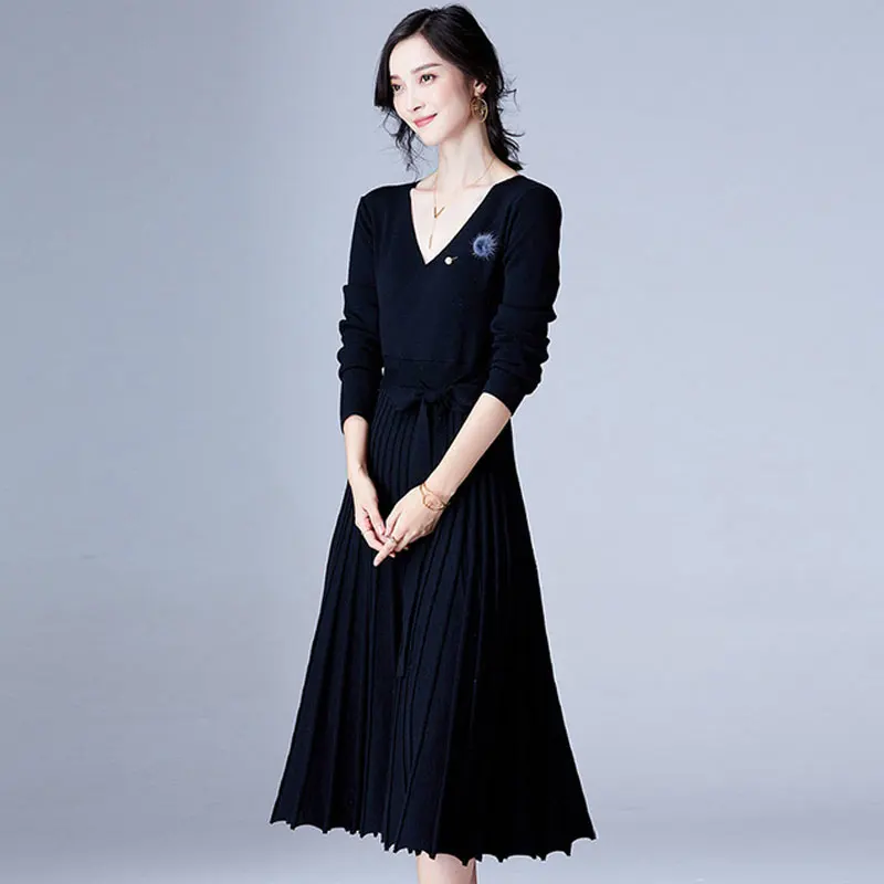 Drop Ship Women's Knitted Dress Sexy V-neck Knee-length Temperament Slim Pullover Sweater | Женская одежда
