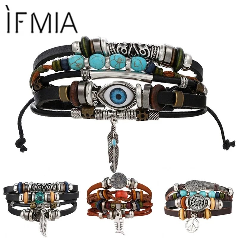 Многослойный кожаный браслет IFMIA в стиле бохо с тибетским камнем и перьями