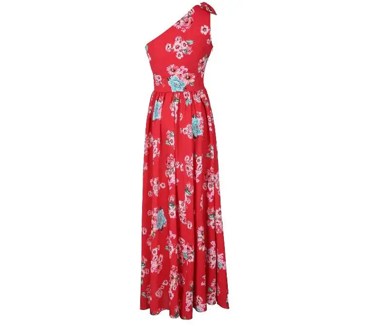 Summer Fashion Women Stylish Elegant Sexy Long Party Dress Sleeveless One Shoulder Bow Tie Printed Slit Tunic Maxi | Женская одежда
