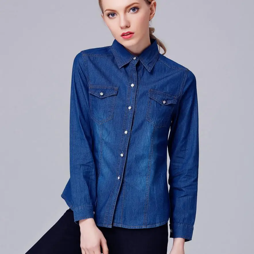 Осенняя женская джинсовая рубашка блузка с отложным воротником и длинными