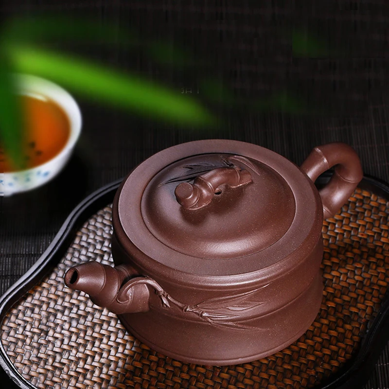 

240ML Authentic Yixing Purple Clay Vintage Teapot Bamboo Section Zisha Pot Handmade Raw Ore Creative Purple Grit Pu'er Kettles