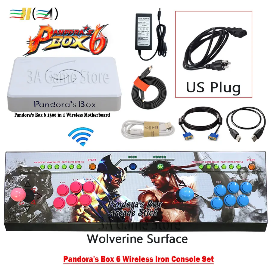 wireless JGL US plug Оригинальная коробка Pandora 6 1300 в 1, аркадная консоль, беспроводная железная консоль, набор, 2 плеера, кнопки джойстика, HDMI, VGA, выход, ТВ, ПК, PS3 - Цвет: wireless JGL US plug