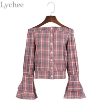 lychee spring autumn women blouse slash neck off shoulder plaid flare sleeve ruffle crop top shirt