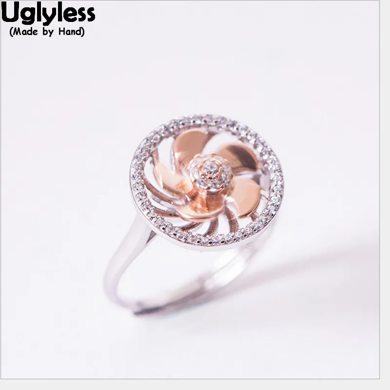 

Uglyless 100% Real Solid 925 Sterling Silver Windmill Finger Rings for Women Spinning Fan Open Rings Zircon Hollow Fine Jewelry