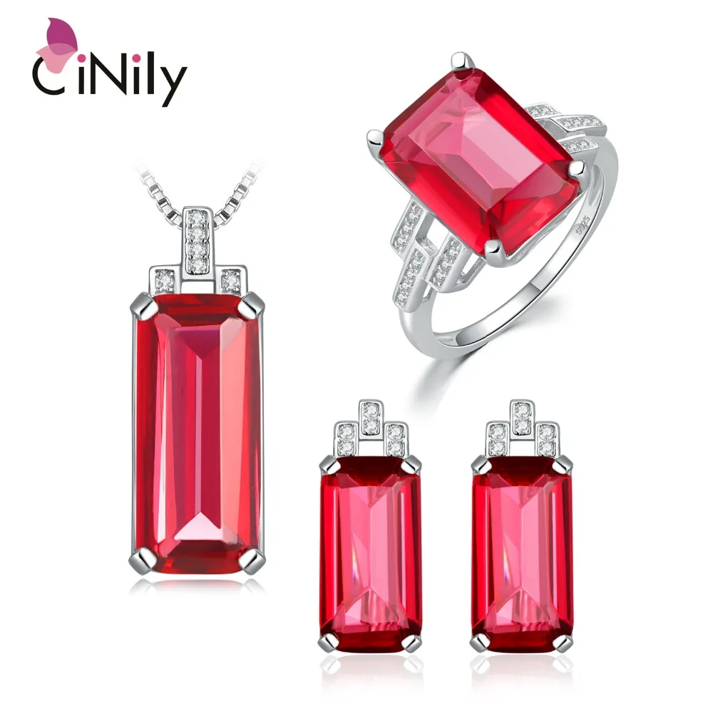 CiNily 925 пробы Серебряный Красный Рубиновый Изумрудный сапфир для женщин ювелирные изделия кулон серьги кольцо Sz 6-9 комплект ювелирных изделий ST001-03