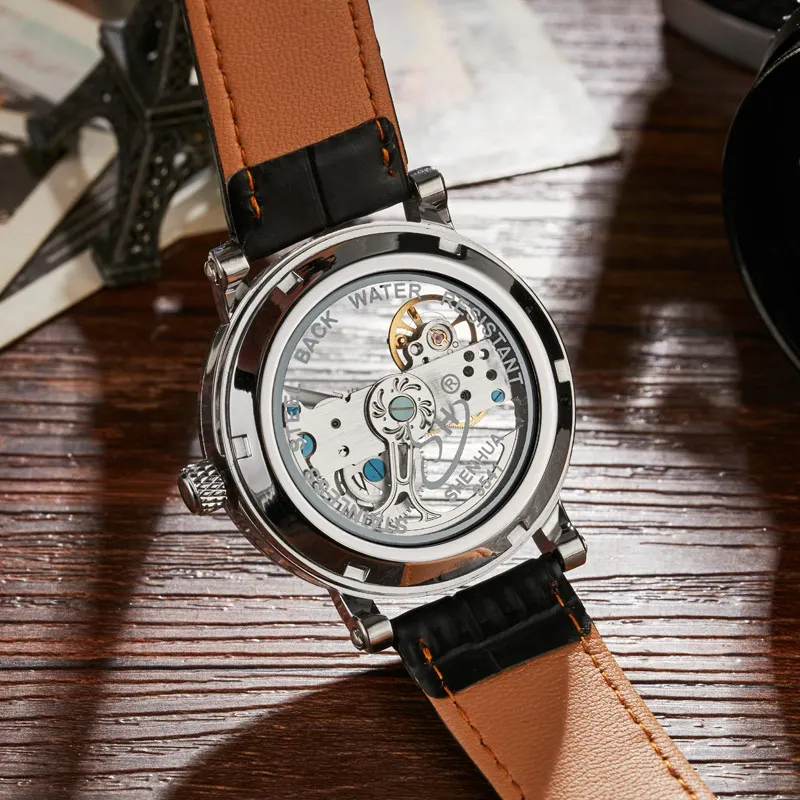 

Men Automatic Watch Luxury Brand Roman Sculpture Dial Leather Band Mechanical Skeleton Transparent Leather Wristwatches Men Gift