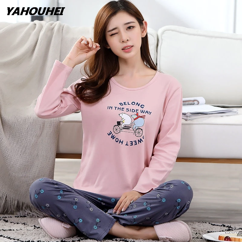 danche2xiong pink Летняя Пижама размера плюс XXXL, женские пижамные комплекты с О-образным вырезом, мультяшный Пижамный костюм с длинным рукавом, Облегающий мягкий женский домашний костюм - Цвет: danche2xiong pink