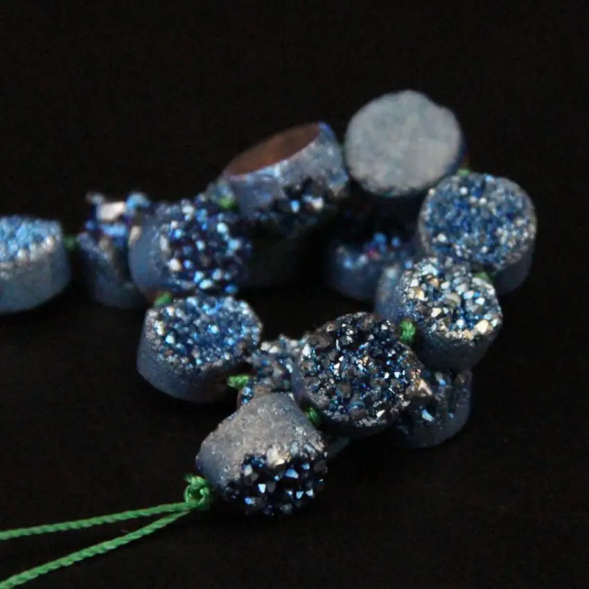 16 шт./нитка синие и зеленые титановые кварцевые жеодовые плоские круглые
