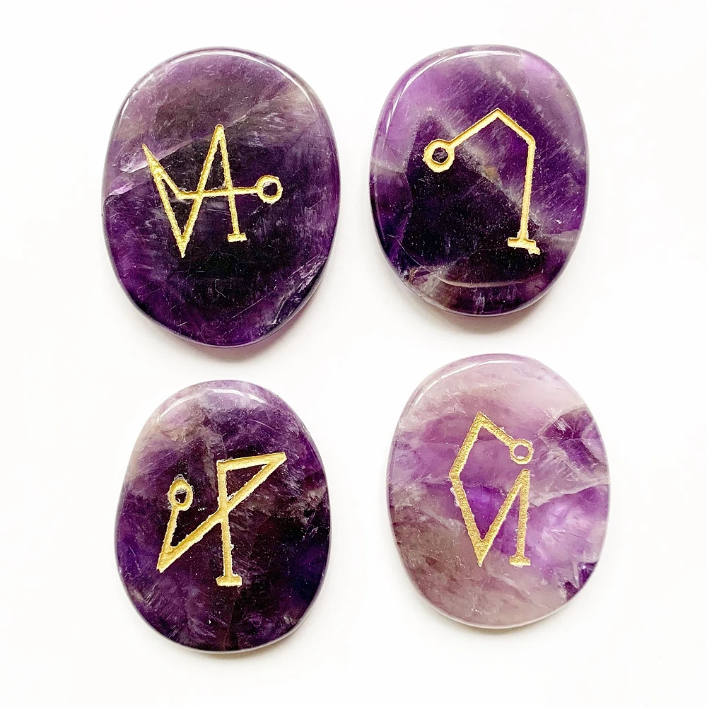

Natural Amethyst Quartz Palm Stones Crystals Engraved Archangel Symbols Set Reiki Healing Protect 4pcs Velvet Pouchs