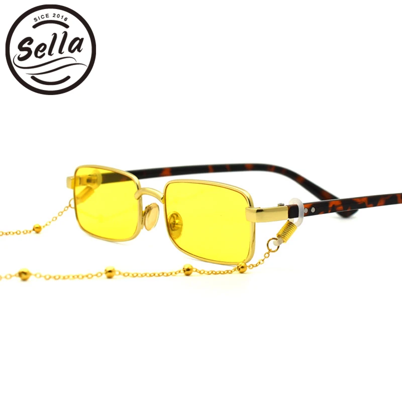 yellow with chain Sella Ins хит Ретро Модные женские мужские Квадратные Солнцезащитные очки Harajuku винтажные желтые оранжевые Красные линзы оправа из сплава очки - Цвет линз: yellow with chain