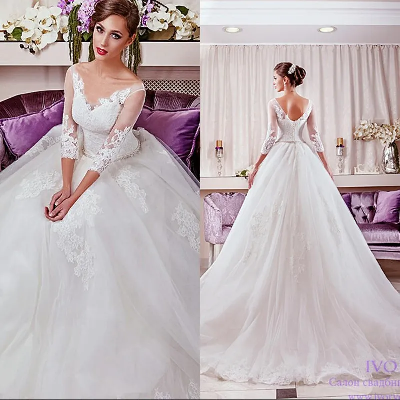 2017 Полное Кружева Sheer Длинным Рукавом Свадебное Платье Бальное платье платья V