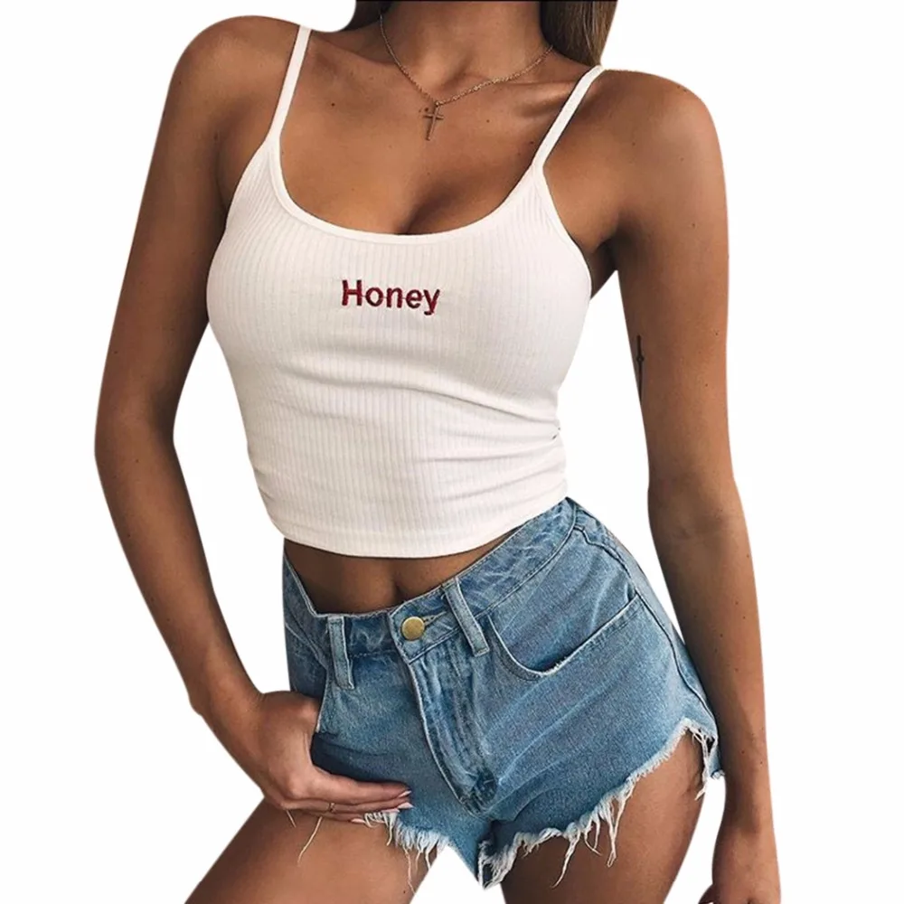Women Letter Camisole Tops Embroidery Honey Printed Cropped Sexy Black Backless Strap Crop Top Bralet | Женская одежда