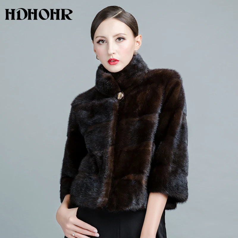 HDHOHR Новые Натуральные Шубы женские модные шубы из натурального меха норки с воротником из лисьего меха длинные норковые куртки Шуба из цельного меха